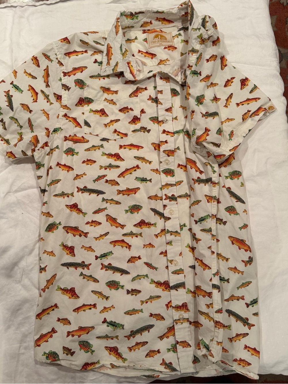 Reel Obsession Men’s Casual Button-Down Shirt in Cream Fish Pattern